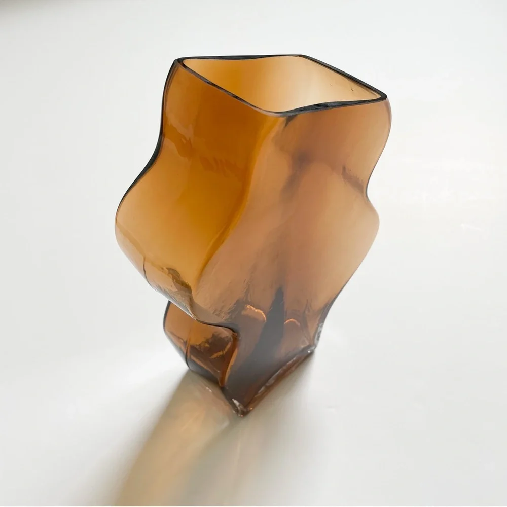 H&M Home Amber Wavy Sculptural Handmade Glass Vase NWT